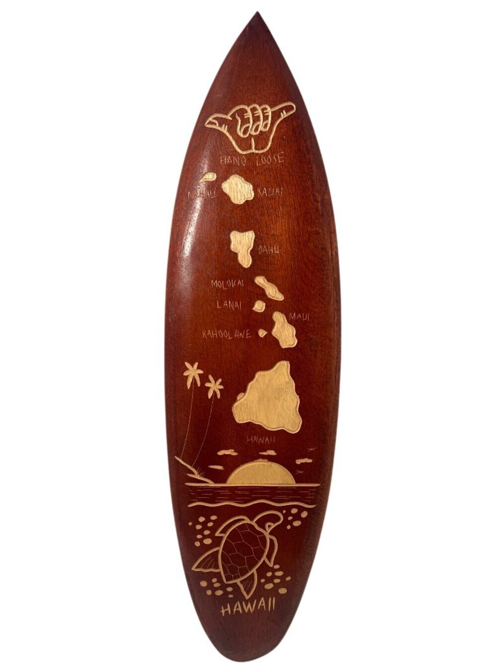 Hand-Carved Wooden Hawaii Surfboard Wall Art Turtle & Island Map Design 20 Inche